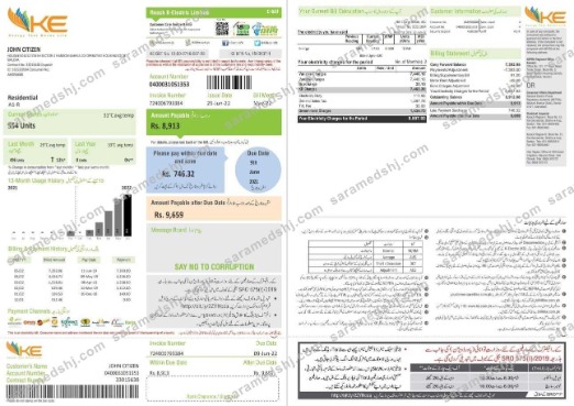 Pakistan KE Electricity bill template in Word and PDF format, 2 pages